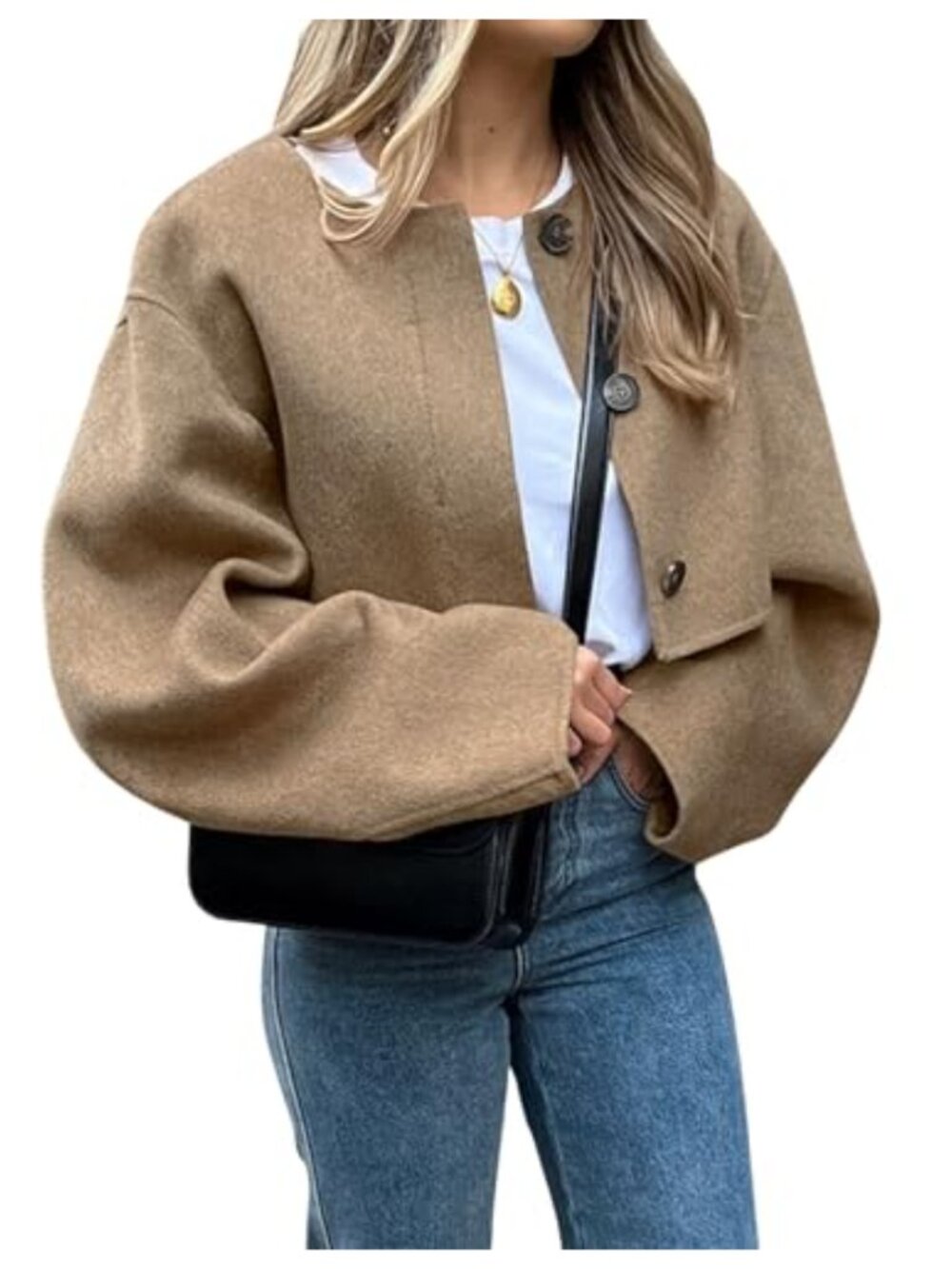 Cropped Wool Blend Pea Coat Button Down Long Sleeve Shacket
